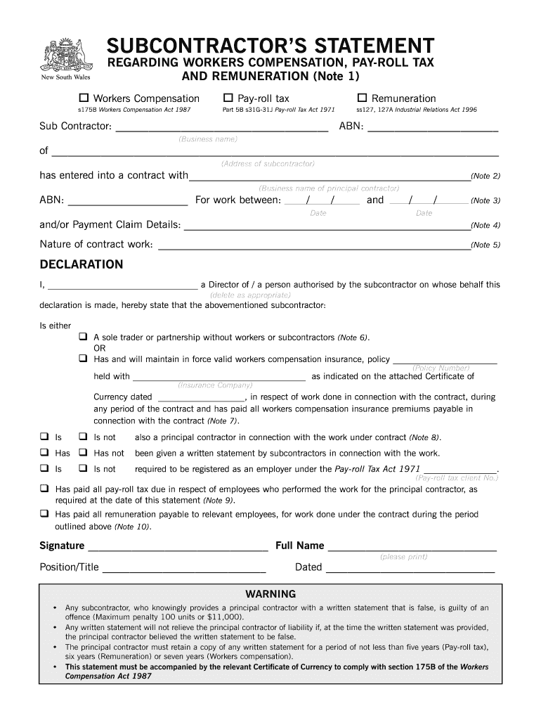 Subcontractor Statement Nsw Fill Online Printable Fillable Blank