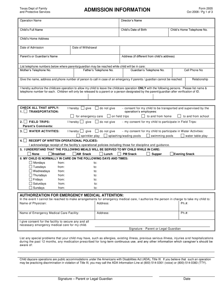 Texas Dept Of Family ADMISSION INFORMATION Form 2935 And Fill Out And 