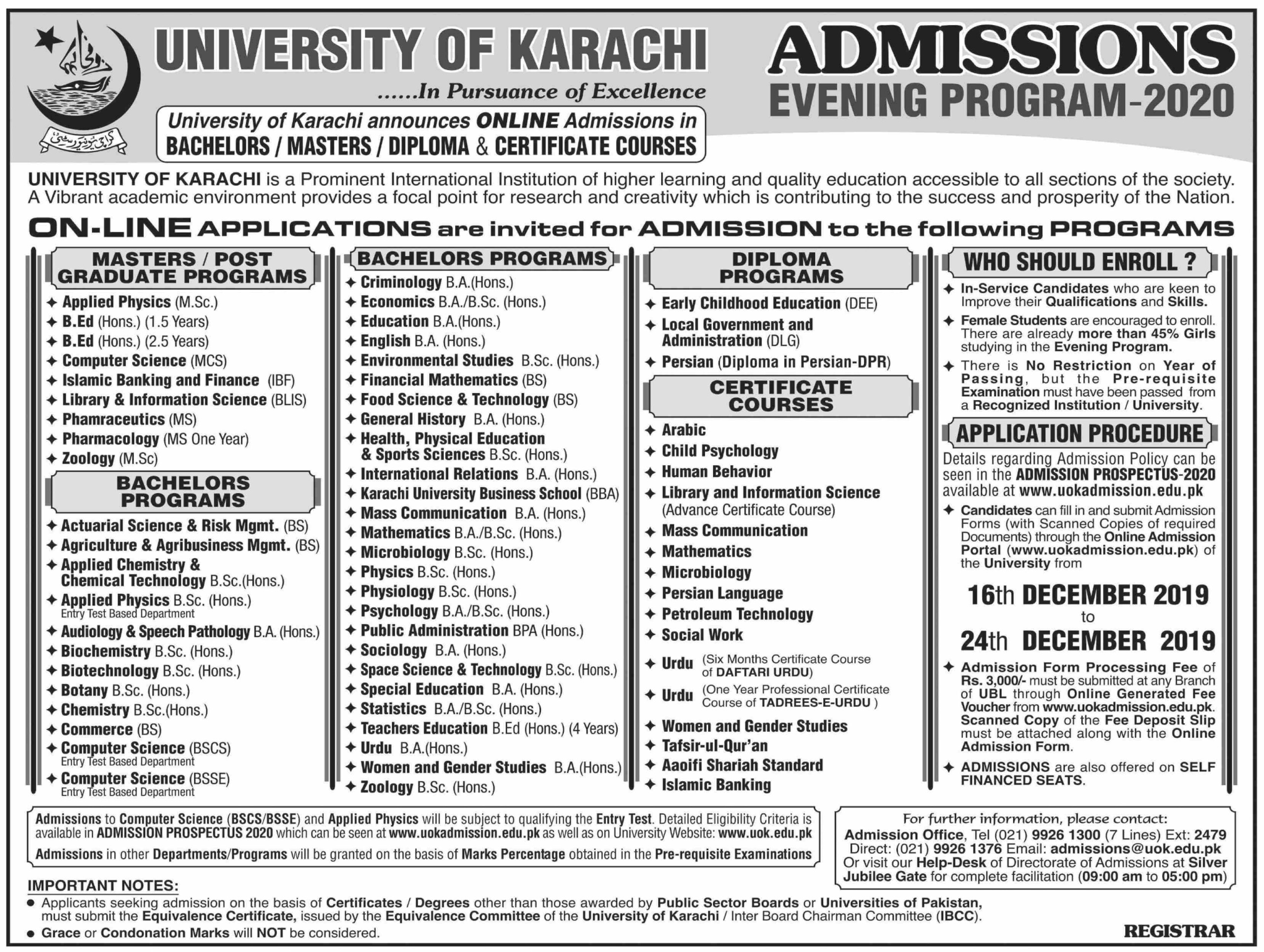 University Of Karachi BS BA BSc BEd MSc Admissions 2020 Result pk