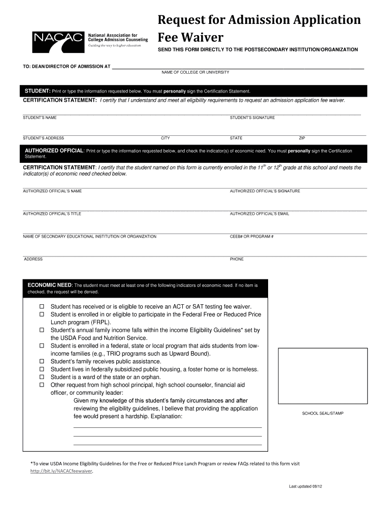 2012 Form NACAC Request For Admission Application Fee Waiver Fill 