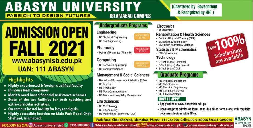 ABASYN University Islamabad Admission 2021 Form Apply Online