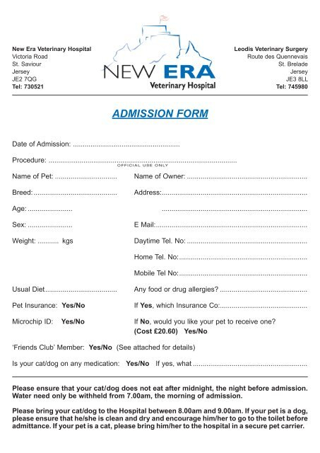 ADMISSION FORM New Era Veterinary Hospital