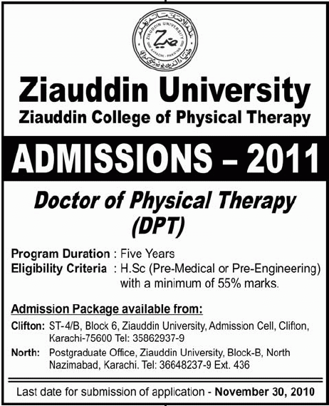 Admission In Doctor Of Physical Therapy Ziauddin Unniversity 2021 