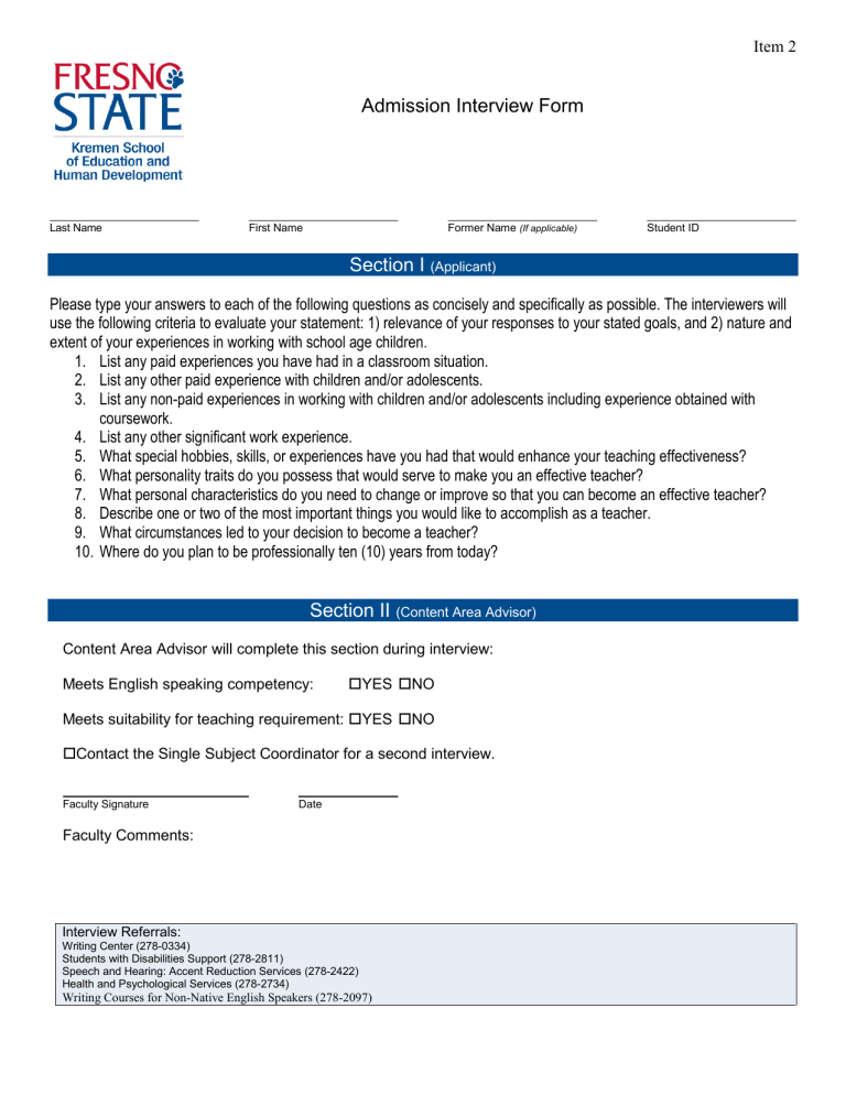 Admission Interview Form Section I