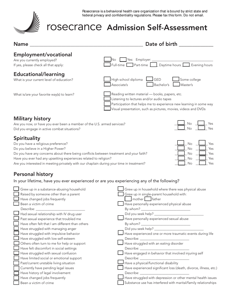 Admission Self assessment Form Rosecrance Download Fillable PDF