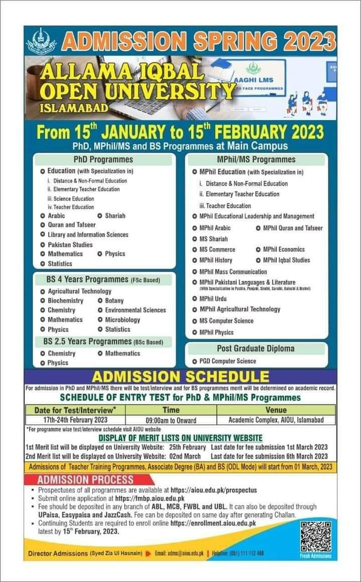 AIOU Admission Open BS Programmes Spring 2023