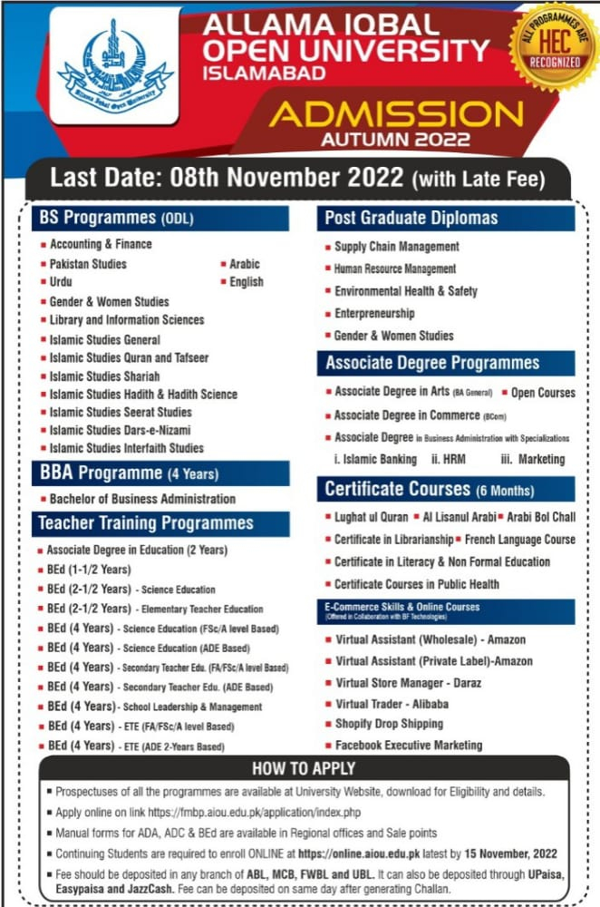 AIOU Islamabad Admissions 2022 Autumn Apply Online