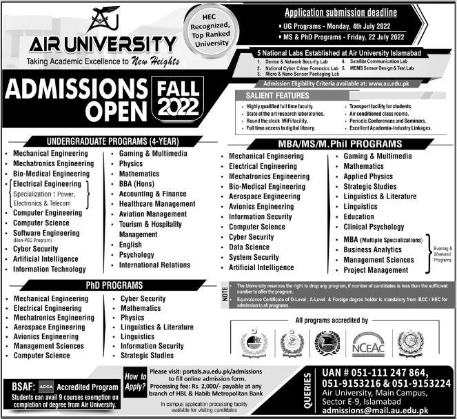 Air University Islamabad Admission Form 2022 Admission Form