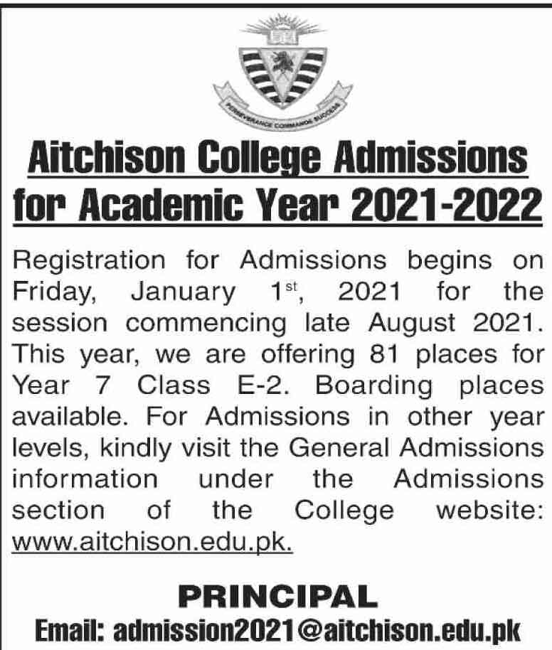 Aitchison College Lahore Admission 2021 1st Year Application Form