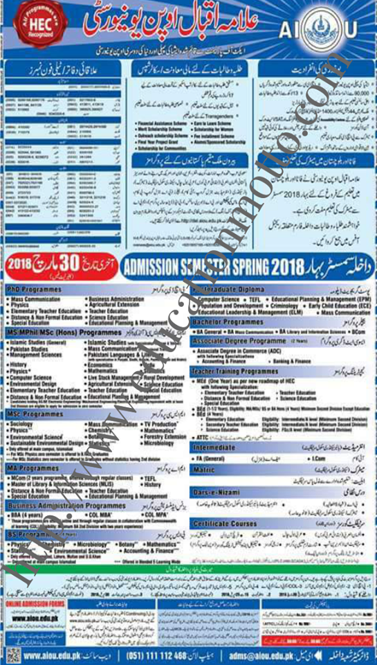 ALLAMA IQBAL OPEN UNIVERSITY ADMISSIONS 2018 DOWNLOAD APPLICATION FORM