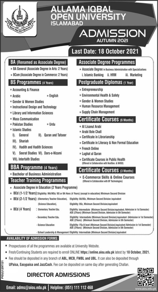 Allama Iqbal Open University AIOU Admission 2021 For BA BS 