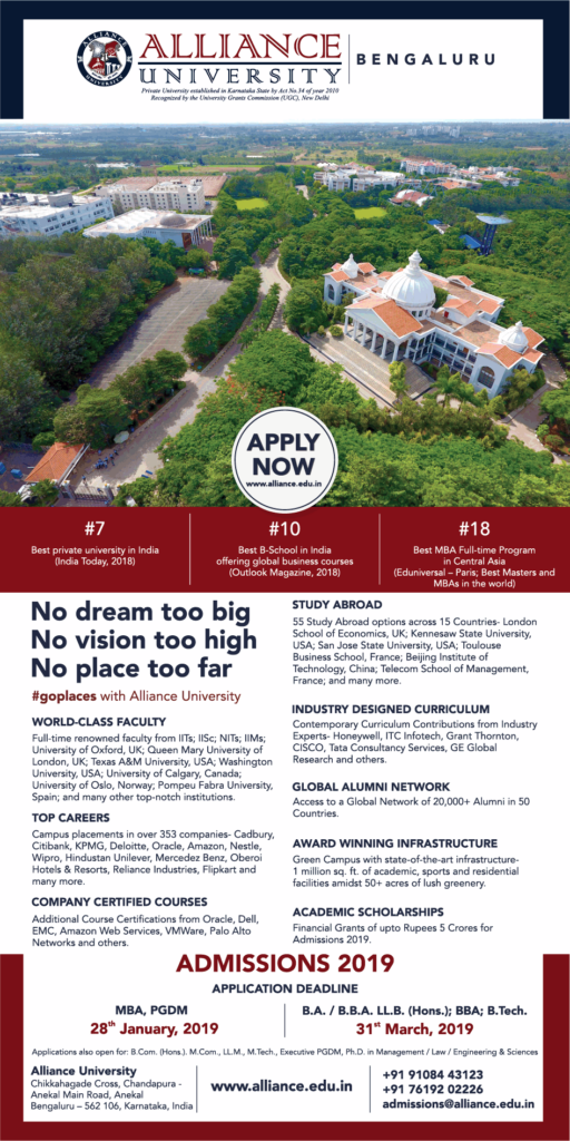 Alliance University Bengaluru Admission Open 2019 Ad Advert Gallery