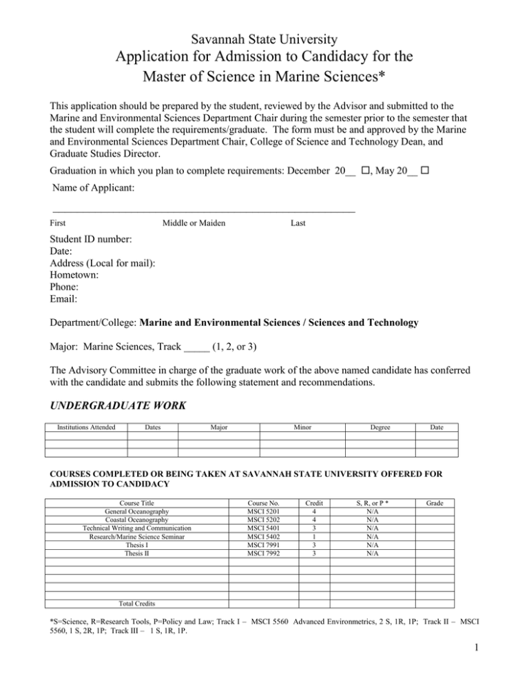 Application For Admission To Candidacy For The Master Of Science In 