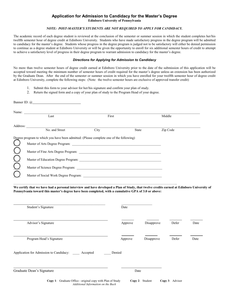 Application For Admission To Candidacy For The Master s Degree