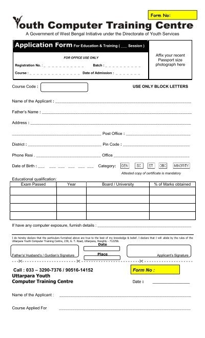 Application Form Youth Computer Training Centre