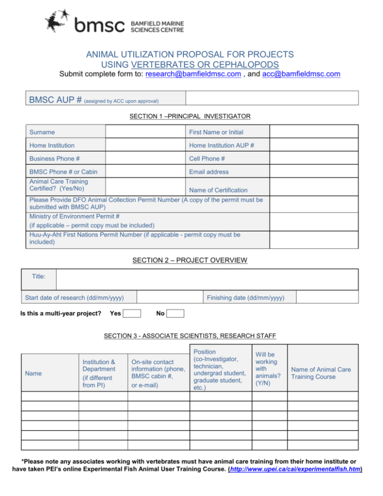 AUP Form For Research Using Vertebrates And Cephalopods