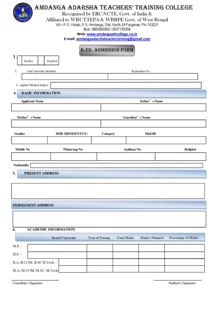 B Ed Admission Form Amdanga Adarsha Teachers Training College