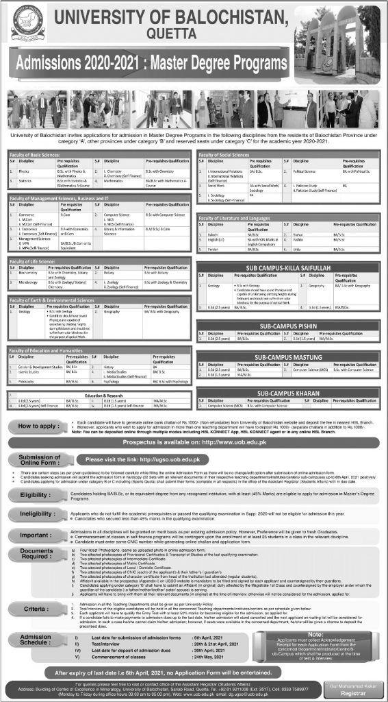 Ba Admission Form Balochistan University Admission Form