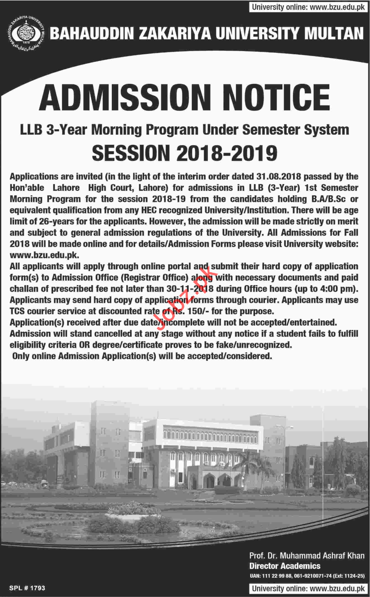 Bahauddin Zakariya University BZU Multan LLB Admission 2021 Government