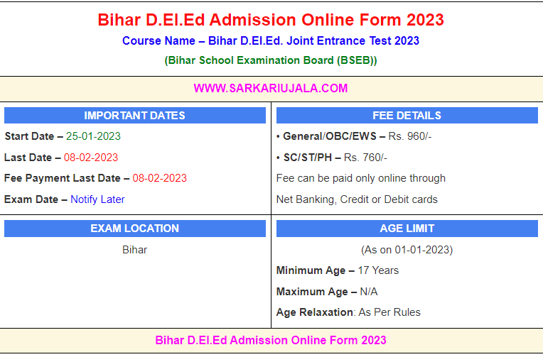 Bihar D El Ed Admission Online Form 2023 Extend SarkariUjala