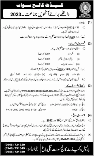 Cadet College Swat 8th Class Admission 2023 Form Download
