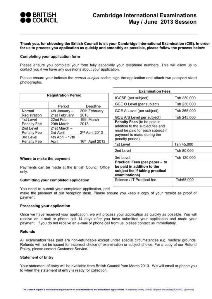 Cambridge School Exams Registration Form