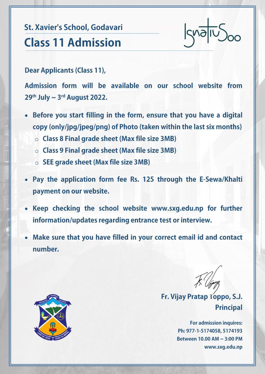 Class 11 Admission Form Open 2022 23 St Xavier s School Godavari