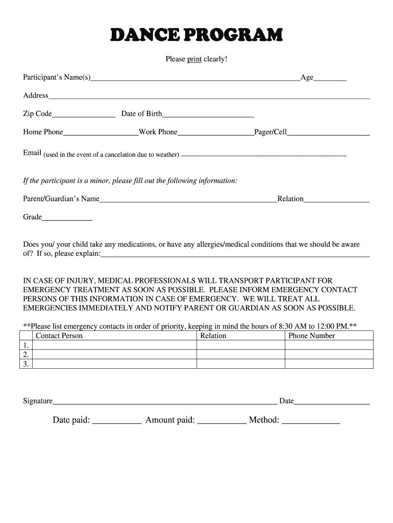 Dance Admission Form Fill Online Printable Fillable Blank PdfFiller