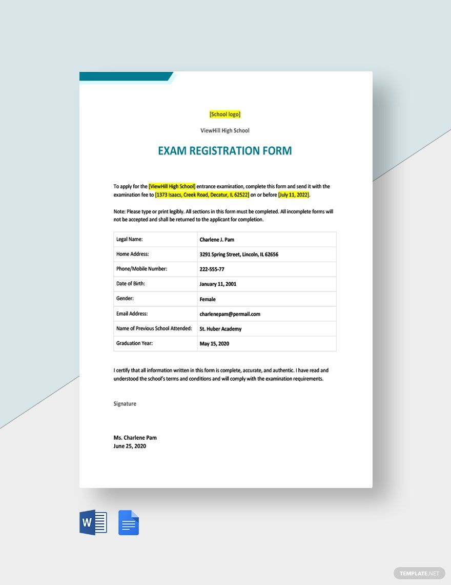 Exam Registration Form Template Google Docs Word Template