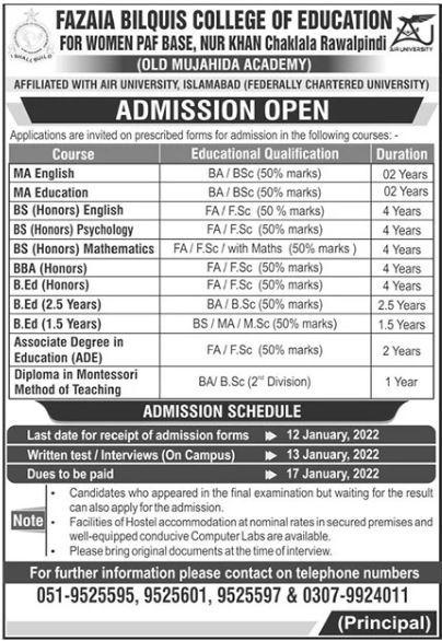 Faziaa Bilquis College Rawalpindi BS MA Admissions 2022 Education To 