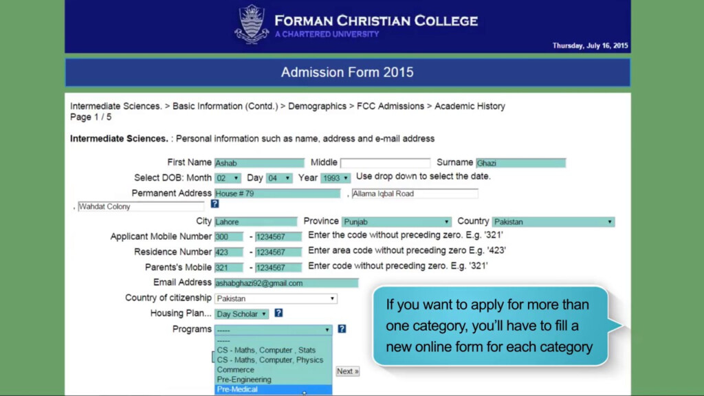 Fc College Intermediate Admission Form Admission Form