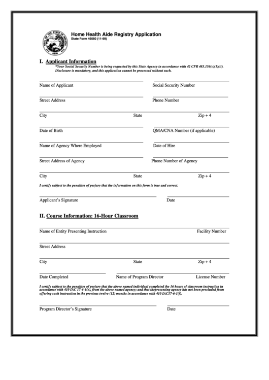 Fillable Form 49560 Home Health Aide Registry Application Printable 