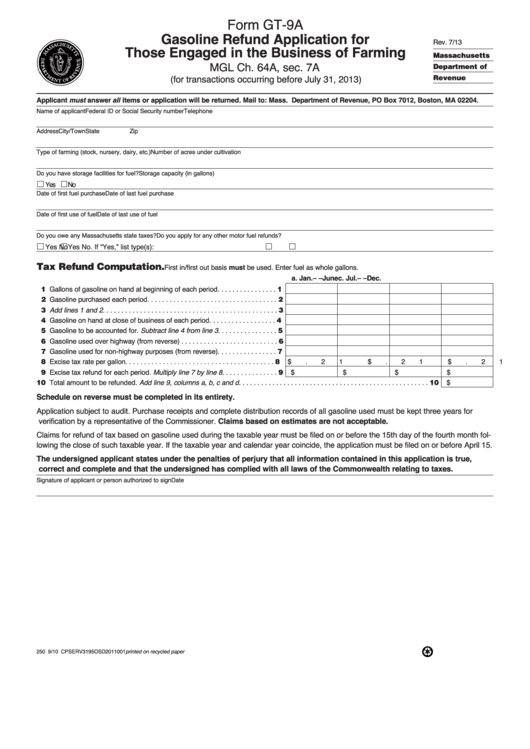 Fillable Form Gt 9a Gasoline Refund Application For Those Engaged In 