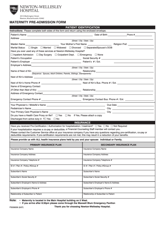 Fillable Maternity Pre Admission Form 2014 Printable Pdf Download