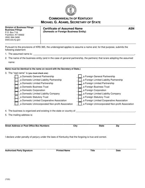 Form ASN Download Fillable PDF Or Fill Online Certificate Of Assumed 