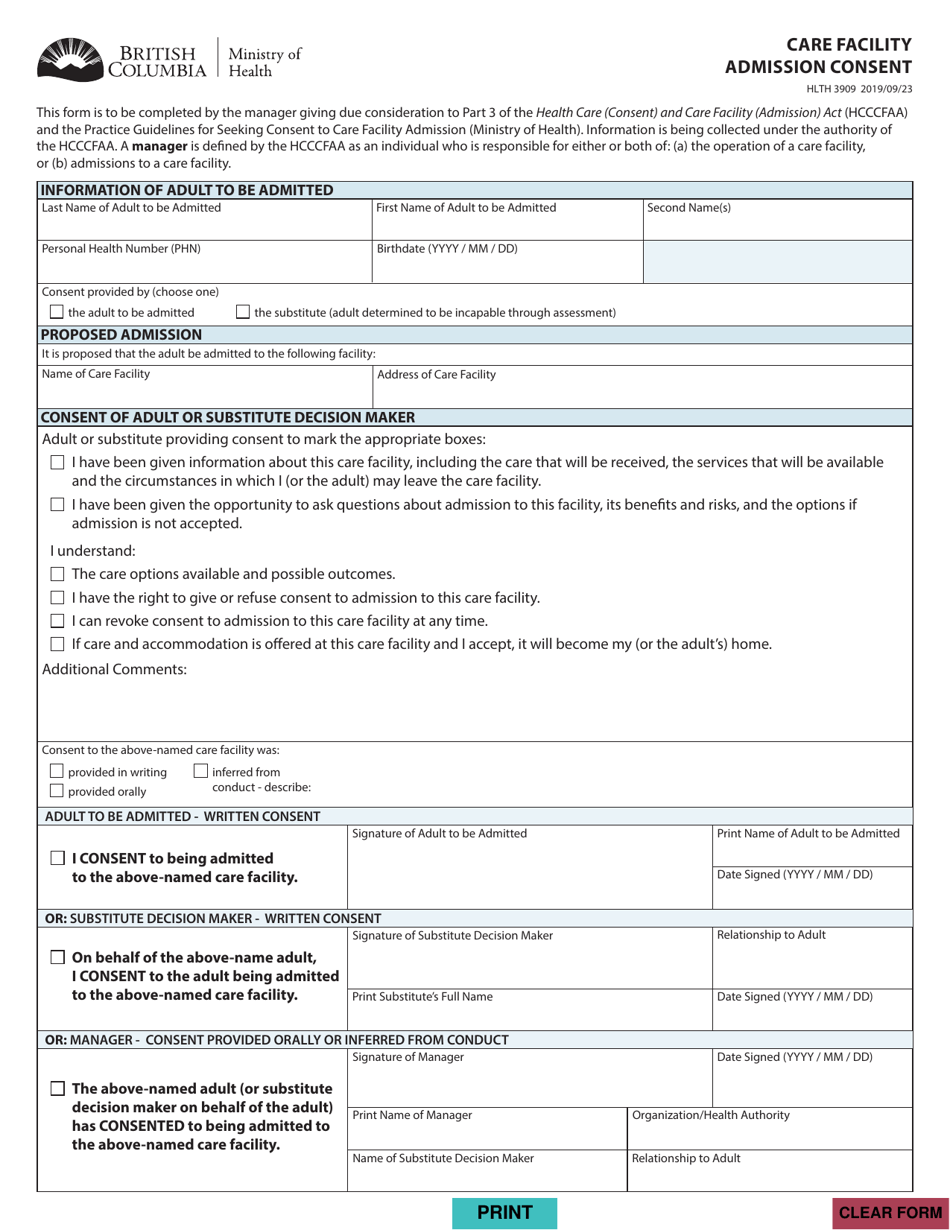 Form HLTH3909 Download Fillable PDF Or Fill Online Care Facility