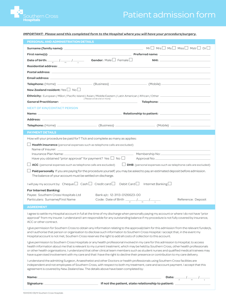 Hospital Admission Form Fill Online Printable Fillable Blank 