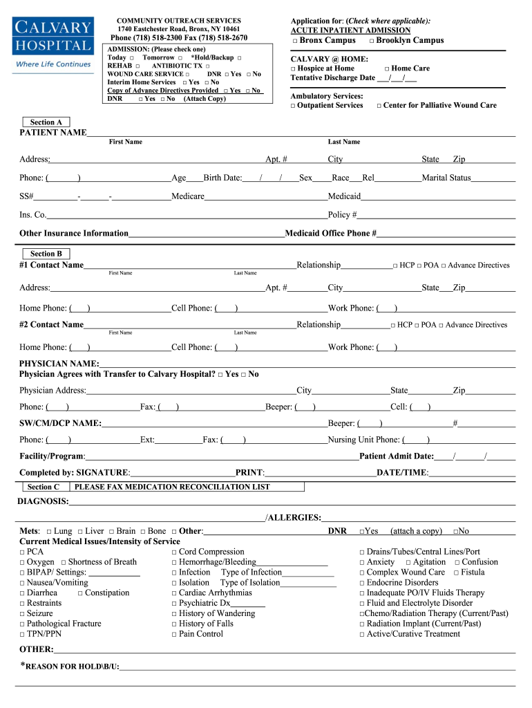 Hospital Patient Admission Form Document Fill Online Printable