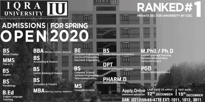 Iqra University Admissions 2020 Form Last Date Entry Test Result