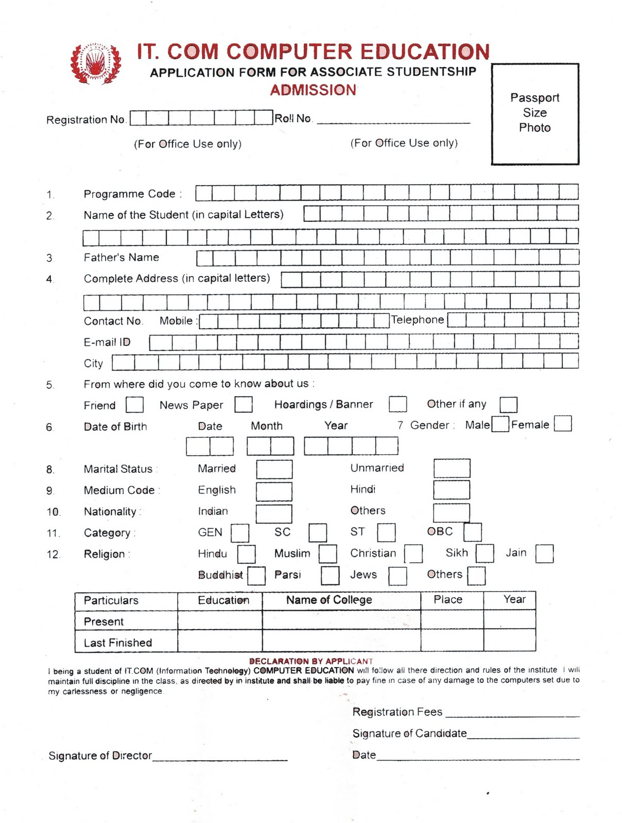 IT COM COMPUTER EDUCATION Admission Forms