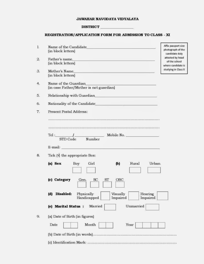 JNV DEVRALA BHIWANI Application Form For Admission In Class XI In JNVs