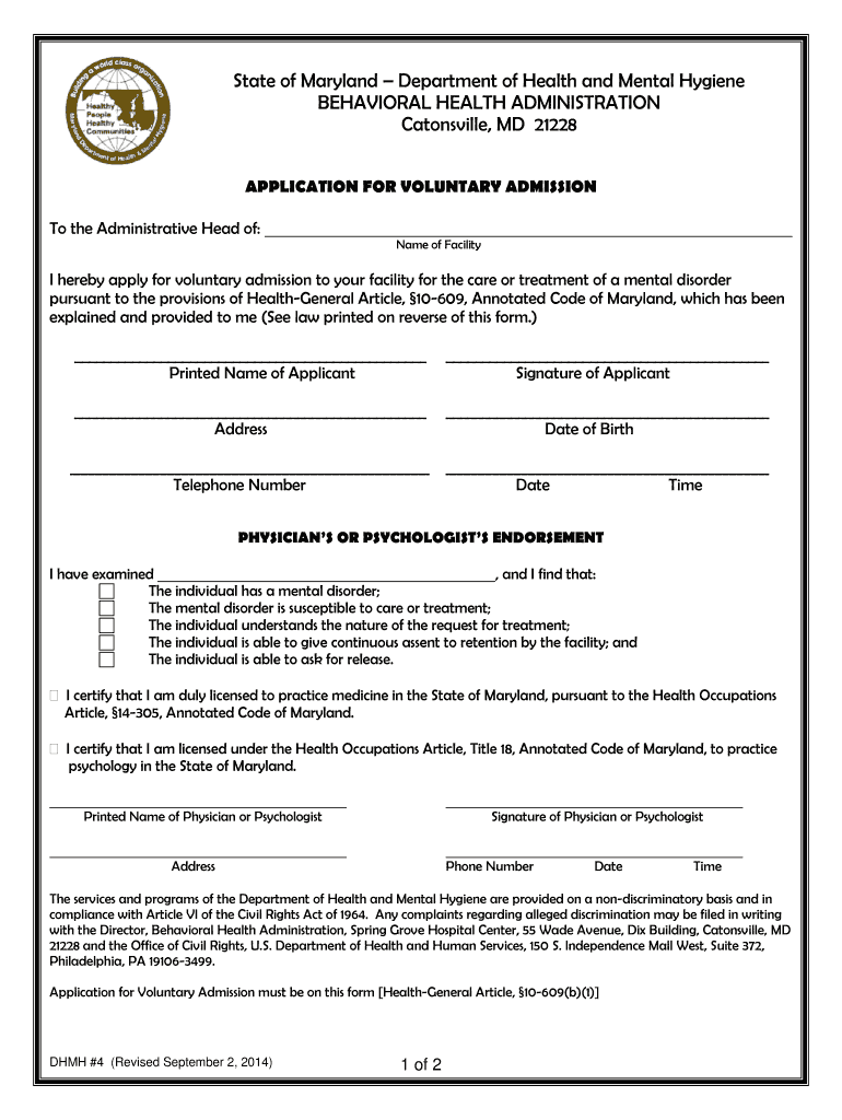 Maryland Voluntary Admission Fill Online Printable Fillable Blank