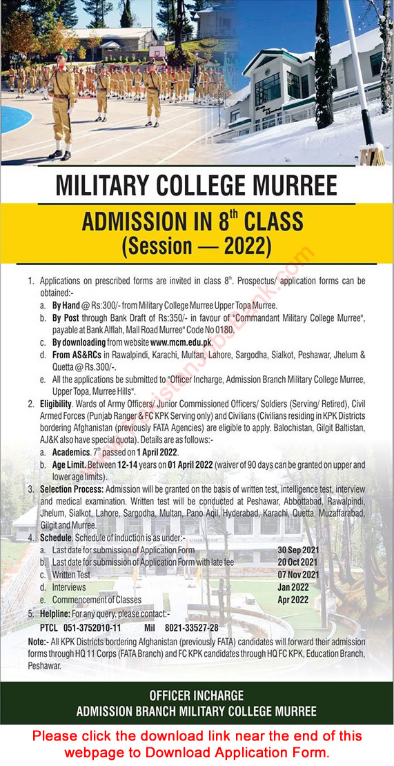 Military College Murree Admission 8th Class 2021 2022 Application Form 