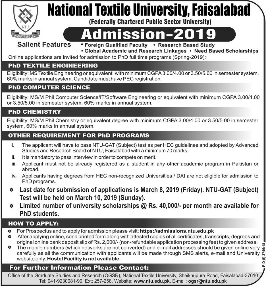 National Textile University Admission 2019 NTU FSD Spring