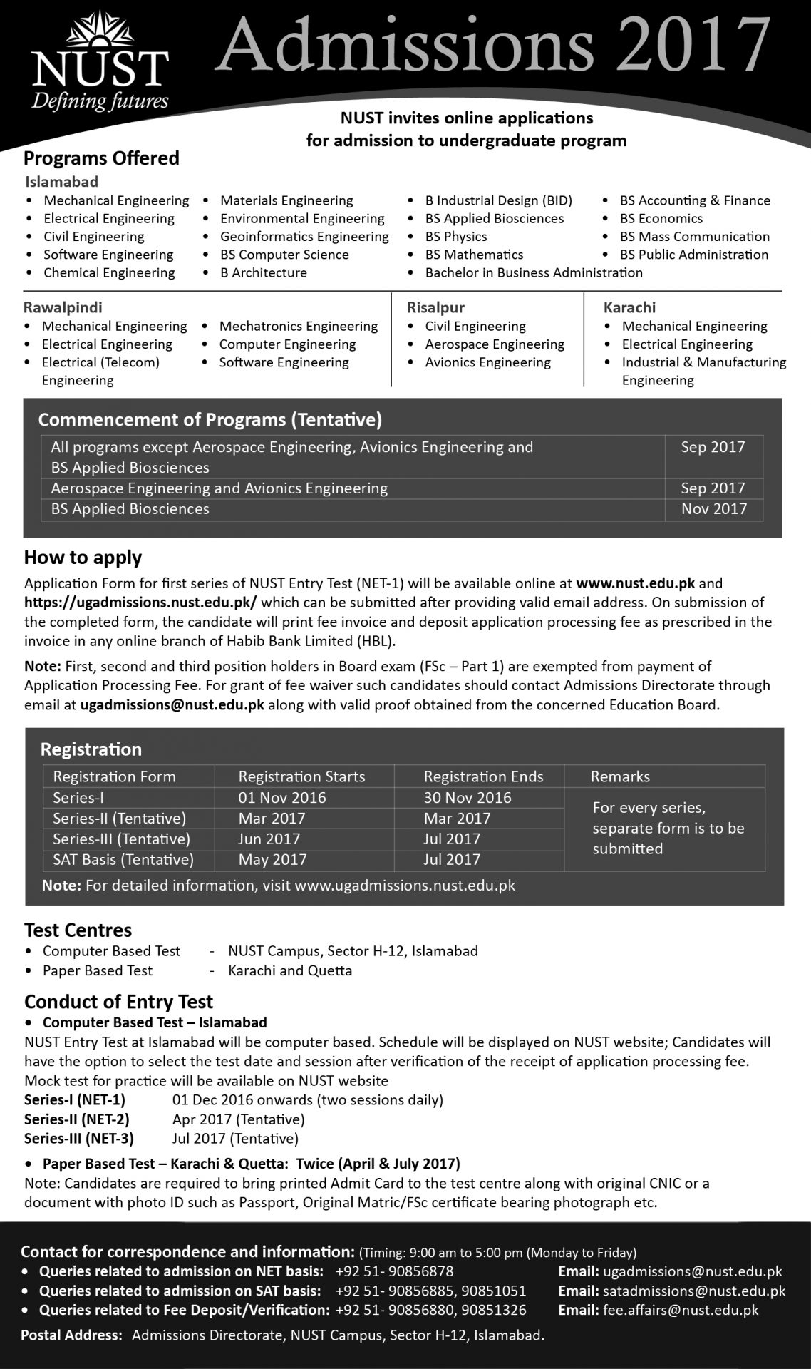 NUST University Undergraduate Admission 2018 Form NET Online Apply