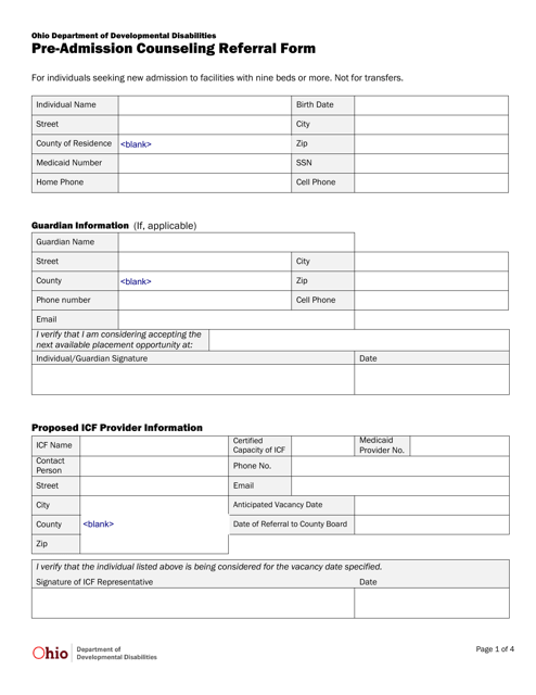 Ohio Pre admission Counseling Referral Form Download Fillable PDF