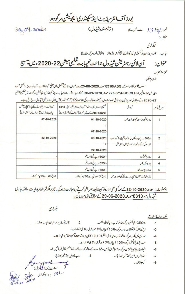 Sargodha Board 9th Class Admission Form 2021 Matric Private Online