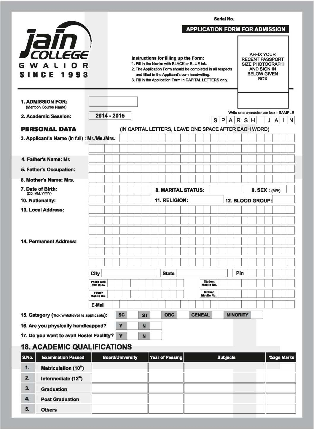 Thk Jain College Admission Form 2022 Admission Form