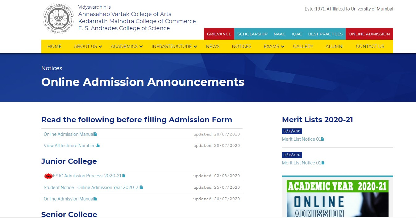 Vartak College Admission Form Admission Form